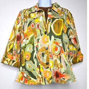 Abstract Print Jacket Cotton Large 3/4 Sleeves Button Front Spring Green Yellow